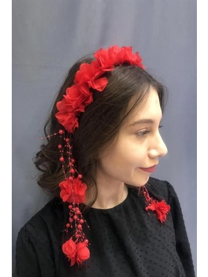 Hayalperest Boncuk Kına Eğlence Tacı Kırmızı Lazer Çiçekli Taç