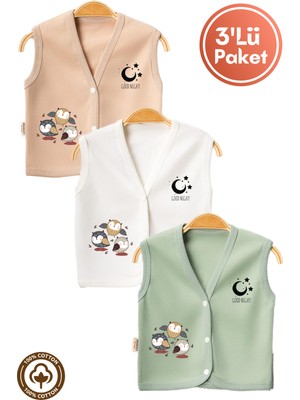 Unisex Bebek Baykuş Baskılı Organik Pamuklu 3-6-9 Ay 3lü Penye Bebek Yelek Set