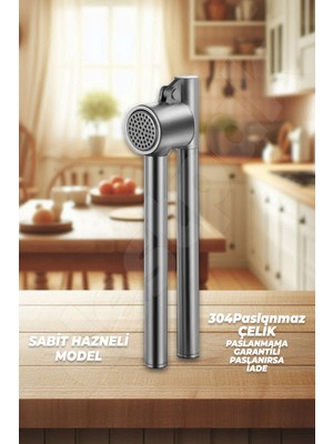 Paslanmaz Çelik Sarımsak Ezici - Sarımsak Ezeceği - Sabit Hazneli - 304 Çelik Kalitesi