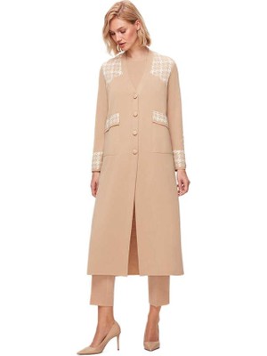 Miss Dalida Bej Önden Düğmeli Cepli Desenli Hırka T25K-9010