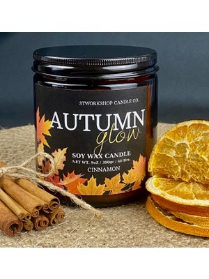 Stworkshop AUTUMN GLOW:  Tarçın Aromalı Özel Tasarım Ithal Cam Kavanoz Ahşap Fitilli Dekoratif Mum - 390GR Büyükboy.