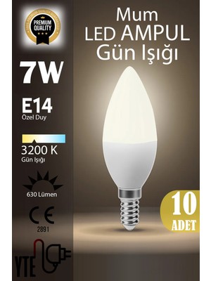 YTE 10 Adet  Kaliteli Gün Işığı 7W Mum LED Ampul E14 Duy