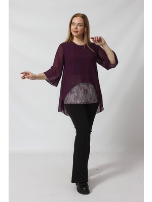 Moda Berray 4048 Şifon -Simli Dantel Kombinli Büyük Beden Bluz Mürdüm