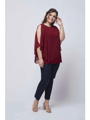 Moda Berray 4050 Bordo Taşlı Pelerinli Şifon Büyük Beden Şık Bluz