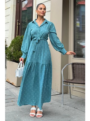 Petrol Mavi Dokulu Kumaş, Beli Kuşaklı, Balon Kol, A Kesim, Vintage Maksi Elbise - Tesettüre Uygun