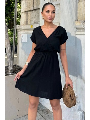 Kadın Siyah Sırt Dekolteli, Kruvaze Yaka, Beli Lastikli, Kısa Kollu, Rahat Midi Keten Elbise