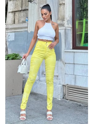 Sarı Yüksek Bel Skinny Jean Pantolon