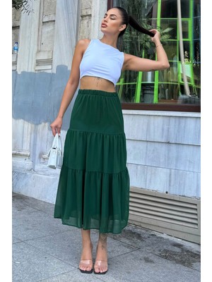 Kadın Yeşil Kat Kumaşlı, Rahat Kesim, Bel Lastikli, Uzun Şifon Etek