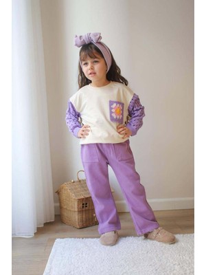 Miniko Kids Kız Çocuk Kol Triko Modelli Punch Işlemeli Gabardin Pantolonlu 2li Takım