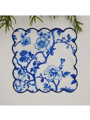Decofav El Çizimi Mavi Çiçekler ve Dallar Tasarım Nakış Kenar Yıkanabilir Kokteyl Peçetesi 1 Adet