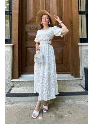 Elbee Fashion Woman Balon Kol Kuşaklı Elbise - Beyaz 7976