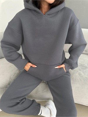 Mona Cube 3 Iplik Şardonlu Kışlık Kalın Kapüşonlu Sweatshirt ve Eşofman Alt