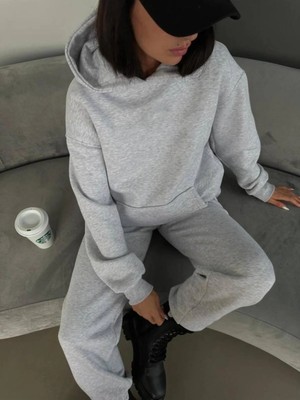 3 Iplik Şardonlu Kışlık Kalın Kapüşonlu Sweatshirt ve Eşofman Alt
