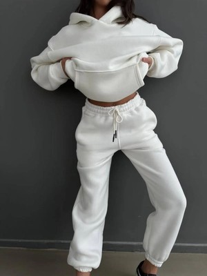 3 Iplik Şardonlu Kışlık Kalın Kapüşonlu Sweatshirt ve Eşofman Alt