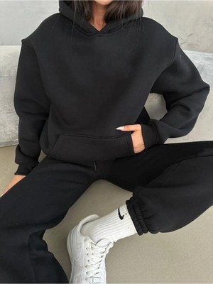 3 Iplik Şardonlu Kışlık Kalın Kapüşonlu Sweatshirt ve Eşofman Alt