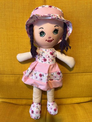 Nostalji Kutusu Mor Saçlı Pembe Elbiseli Kız Oyuncak Bez Bebek Uyku Arkadaşı 50 cm Hediyelik Doğum Günü Hediyesi