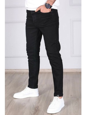 Elit Wear Erkek Slim Fit Siyah Kot Pantolon Denim Kumaş Normal Bel Dar Paça Tasarım