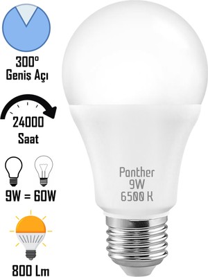 Alastor 9W Beyaz LED E27 Ampul Tasarruflu Lamba 6500 K Beyaz Işık 800 Lümen 9W=60W