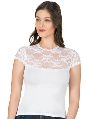 Kadın Premium Yumuşak Rahat Kumaş Viskon Dantel Detaylı Kısa Kollu Örme Bluz