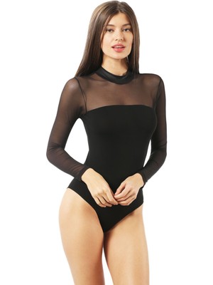 Kadın Pamuklu Önü Tül Detaylı Uzun Kollu Yarım Balıkçı Yaka Kancalı Çıtçıtlı Body Zıbın