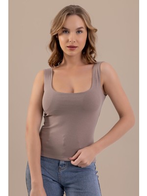 Baykar Kalın Askılı Kare Yaka Çıkarılabilir Pedli Sütyenli Kadın Atlet 6300 Kahve