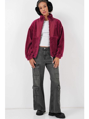 Kadın Bordo Baskılı Fermuarlı Suni Yünlü Astarlı Peluş Ceket HZL25W-BD151941