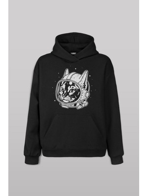 Siyah Kedi Kozmonot Meow Astronot Cat Nasa Uzay Ön Baskılı Sweatshirt Unisex Kapüşonlu Hoodie