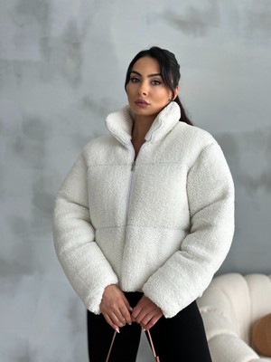 Moda Armanc Peluş Kabartma Teddy Kadın Şişme Mont Ekru