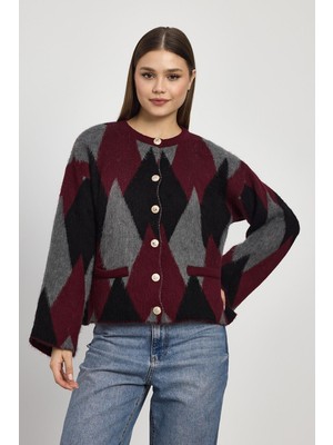 Rays 24375 Baklava Desenli Hırka Detay Kazak Bordo