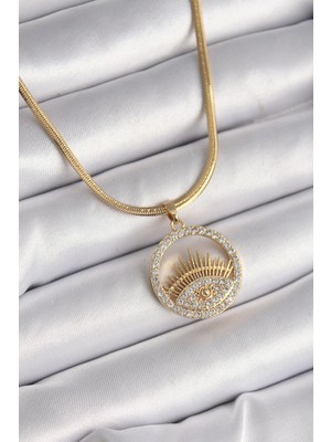 Clariss 316L Çelik Gold Renk Italyan Zincir Zirkon Taşlı Göz Model Kadın Kolye