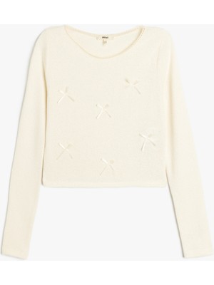 Koton Modal Kumaş Fiyonk Detaylı Yuvarlak Yaka Kadın Uzun Kollu Kadın Tişört