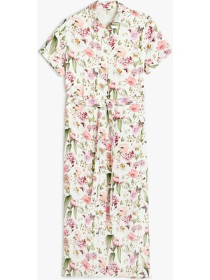 Koton Düğmeli Kısa Kollu Uzun Viskon Çiçekli Gömlek Saten Elbise