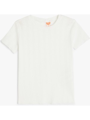 Koton Kız Çocuk Basic Tişört Pamuklu Kısa Kollu Ekru Renk Bisiklet Yaka Günlük Stil