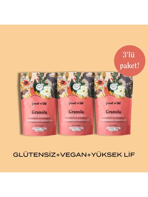The Good Wild Çilekli Çikolatalı Granola | Glutensiz Vegan Atıştırmalık | Kurutulmuş Çilek | Yüksek Lif | 3x300 Gr