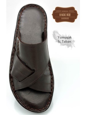 Sermoda Gerçek Deri Erkek Terlik Hafif Terlik Deri Gk Kahve