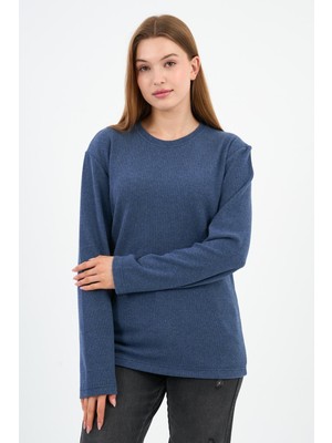 Bisiklet Yaka Likralı Uzun Kollu Kaşkorse Sweatshirt (WK25588)