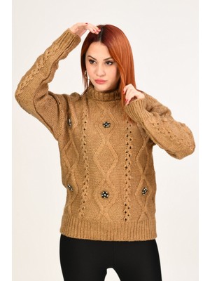 Miss Poem Balıkçı Yaka Taş Detaylı Kazak  - Vizon Vizon - S/m