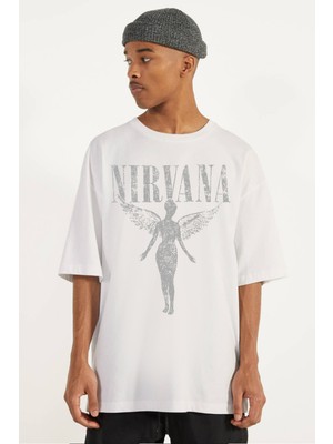 Rock&Roll Melek Nirvana Beyaz Oversize Kısa Kollu Erkek T-Shirt