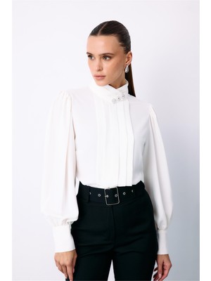 Sateen 1554-1519 Ekru Kadın Yakası ve Onu Nervurlu Bluz