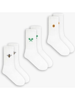 Abluka Online Unisex Emoji Desen Baskılı 3'lü Uzun Kolej Tenis Çorap Beyaz