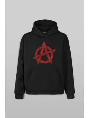Vintage Logo Anarchy Symbol Anarşi Minimal Baskılı Siyah Kapüşonlu Hoodie