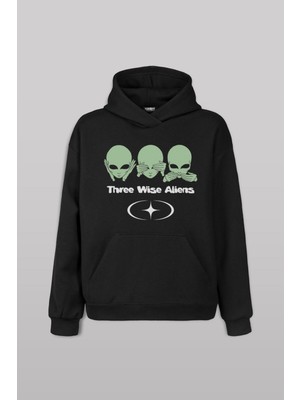 Three Wise Aliens Ufo Mars Uzay Kozmos Minimal Baskılı Siyah Sweat Kapüşonlu Hoodie