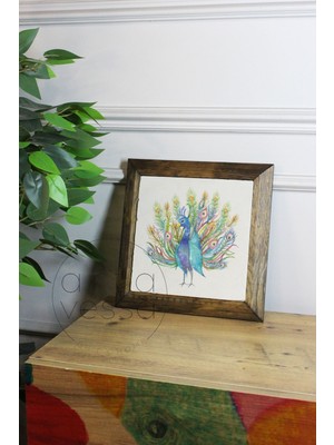 Artavessa Masif Ahşap Çerçeveli Taş Tablo Pano 16  x  16  cm  - Tavus Kuşu 2
