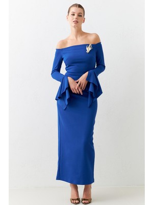 Setre Mavi Dar Kalıp Omuz Ve Kol Detaylı Maxi Boy Elbise