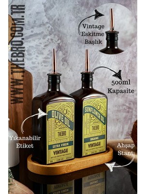TheBRo 500ML Amber Renkli Ahşap Stantlı Eskitme Dökücülü Elegance Vintage Yağdanlık