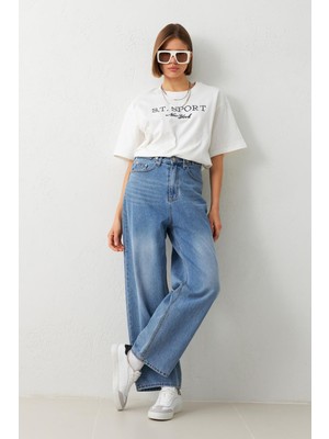 Setre Açık Mavi Belde Düğme Detaylı Kot Pantolon