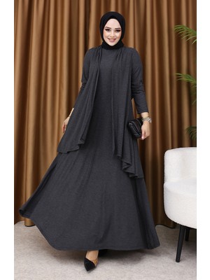 Sefa Merve Büyük Beden Yelek Elbise Ikili Takım 6370-04 Antrasit
