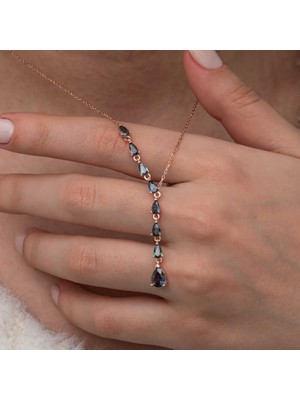 Gumush Gümüş Sıralı Mistik Topaz Taşlı Damla Kadın Kolye