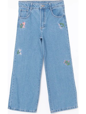 LC Waikiki Lcw Kids Mavi Beli Ayarlanabilir Lastikli Çiçekli Kız Çocuk Jean Pantolon