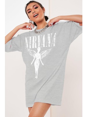 Rock&Roll Melek Nirvana Gri Oversize Kısa Kollu Kadın T-Shirt